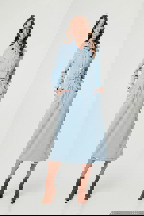 Blue | Denim Tie Waist Long Sleeve Midi Dress
