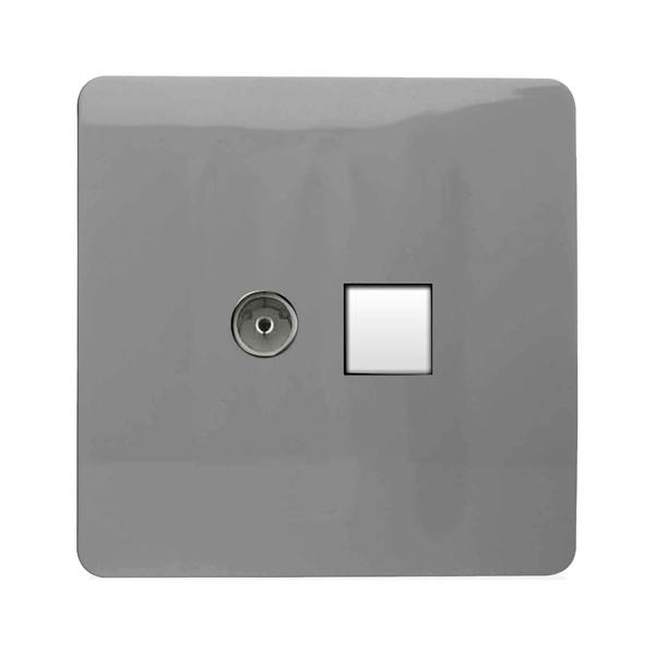 Trendi Switch 2 Gang TV Co-Axial & RJ45 Cat 6 Modern Designer PC Ethernet Sockets in Light Grey