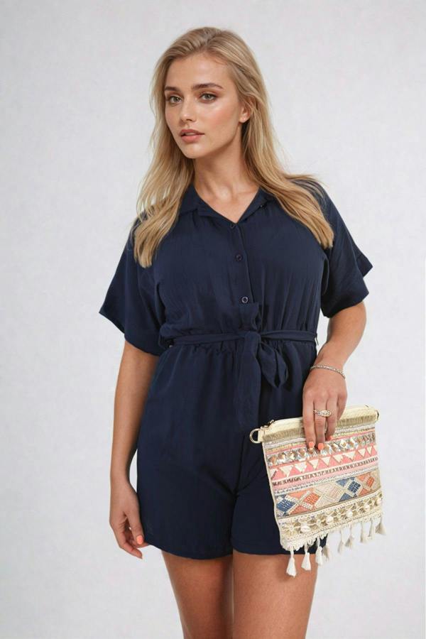 Brenda Buttoned Tie Waist Romper - Navy