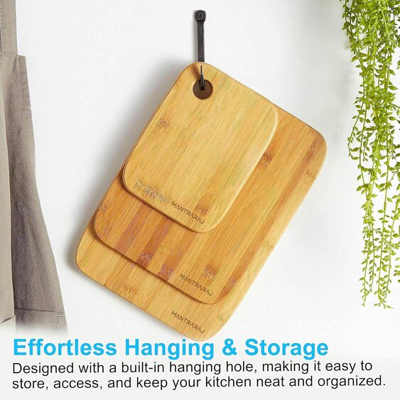 MANTRARAJ Bamboo Chopping Boards Set of 3 Various Sizes Kitchen Set Cutting Boards Easy-Grip & Hanging Holes