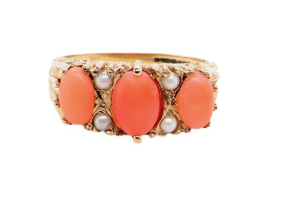 9 carat gold coral and pearl dress ring