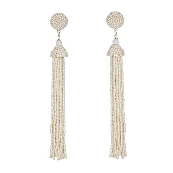 Long Off White Beaded Tassel Earrings for Women - namana.london