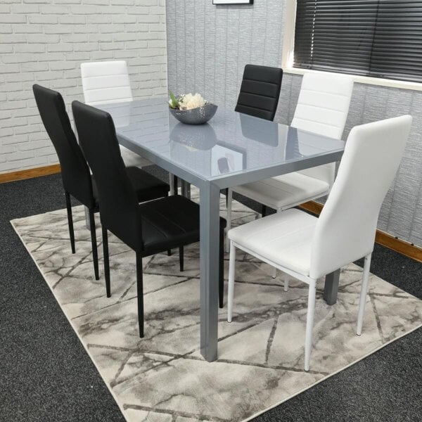 Kosy Koala Modern Rectangle Grey Glass Dining Table Set With 6 Mix Metal Chairs Dining Room Furniture