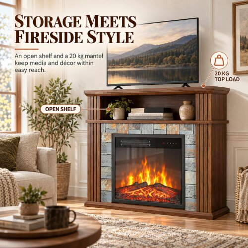 HOMCOM Freestanding Electric Fireplace Suite, 1800W, Open Shelf, LED Flame