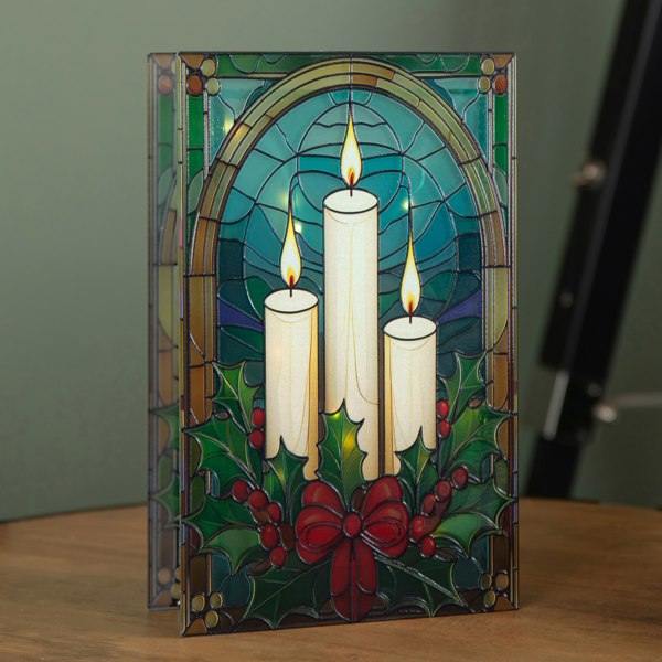 Samuel Alexander 21cm Battery Operated Light up Stained Glass Christmas Decoration with Candles & Holly with Warm White LEDs