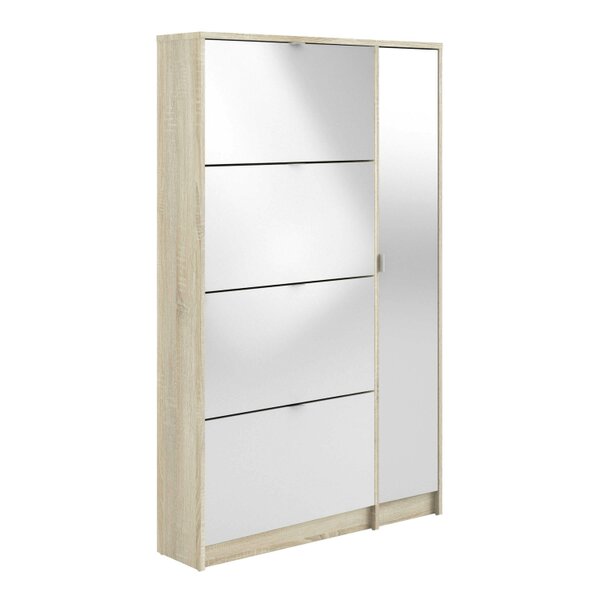 Wyld Haus Prague Natural Oak Effect Shoe Cabinet 4 Flip Down Doors Mirror Door