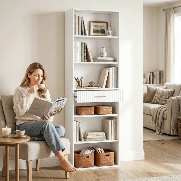 Bookcase Narrow Tall Space-Saving Bookshelf Drawer Open Shelves 60 x 24 x 182 cm White
