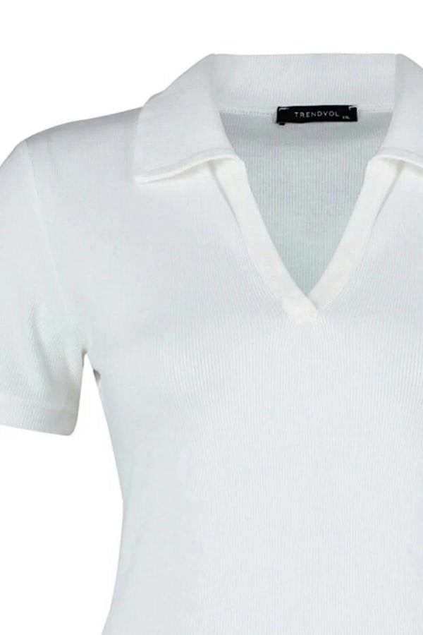 WOVCOR Polo Collar Body-Fitting Ribbed Knit Blouse