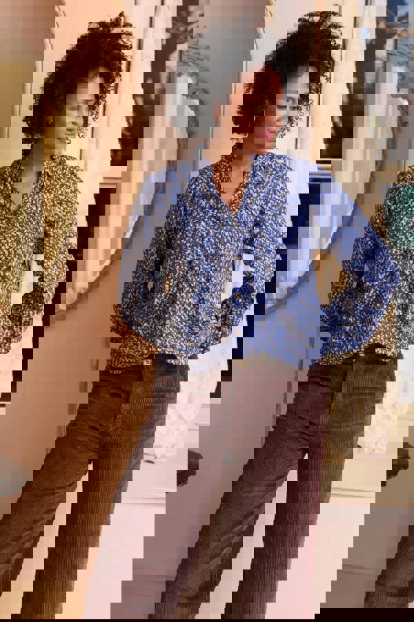 Lily & Me Wayfaring Ditsy Print Cotton Blouse Cobalt