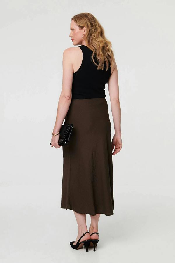 Brown | High Waist Slim A-Line Midi Dress