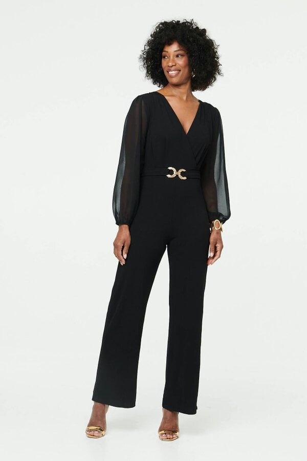 Izabel London Semi Sheer Long Sleeve V-Neck Jumpsuit