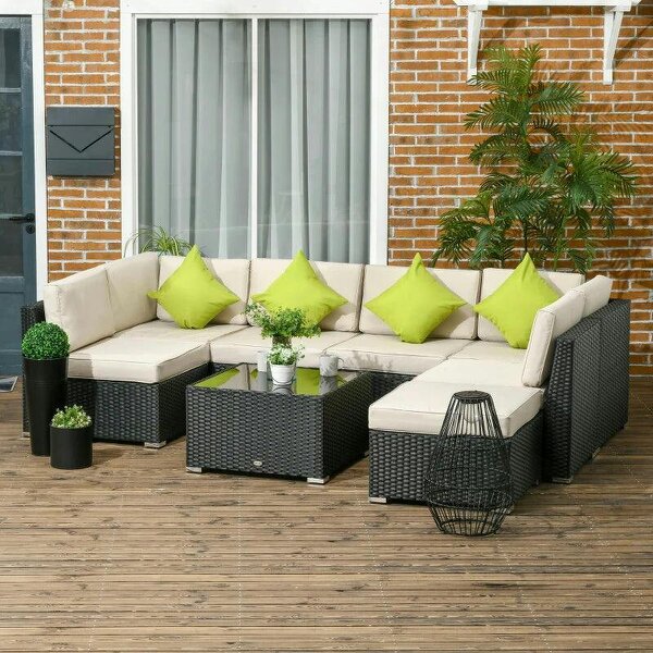 8 Pieces PE Rattan Corner Sofa Set, Patio Wicker Sofa Seater with Cushion, Washable Cushion Cover & Tempered Glass Table, Khaki - Black