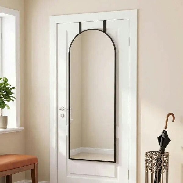 40 x 110 cm Full Length Hanging Mirror, Arched Mirror with Adjustable Hooks, Over-the-Door or Wall-Mounted, Black - Black