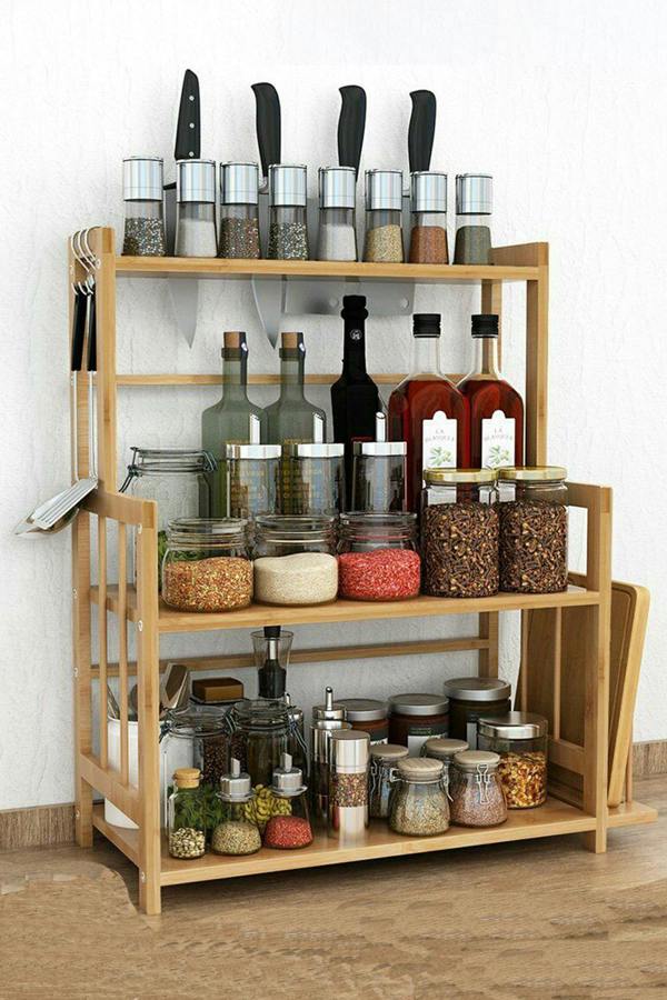 3-Tier Freestanding Bamboo Spice Rack Storage Organizer Kitchenware Drainer with Knife Holder for Kitchen