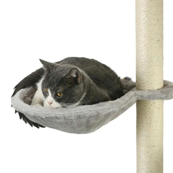 Grey felt hammock with hanging ball and cat lounging on a sisal wall-mounted post
