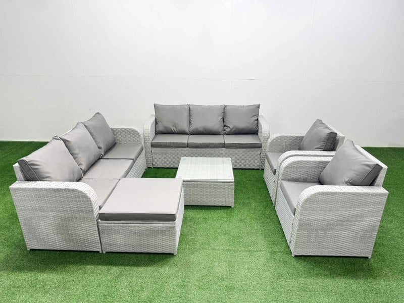 Fimous PE Rattan High Back Lounge Sofa Set Patio Square Coffee Table & Chairs Set with 3 Seater Sofa Reclining Chair Big Footstool Light Grey