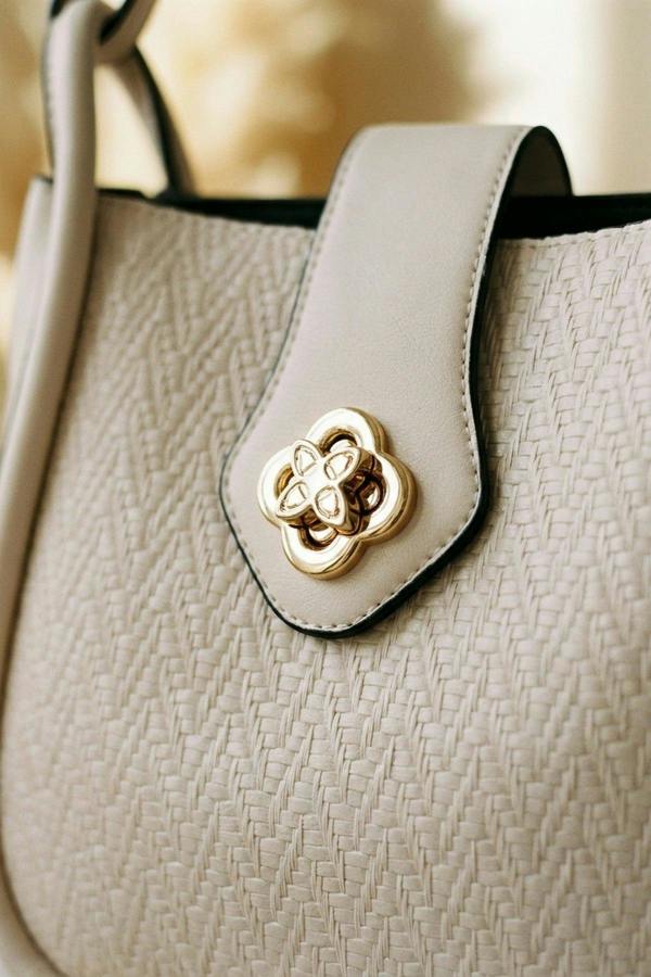 Cordelia Woven Panel Shoulder Bag - Beige