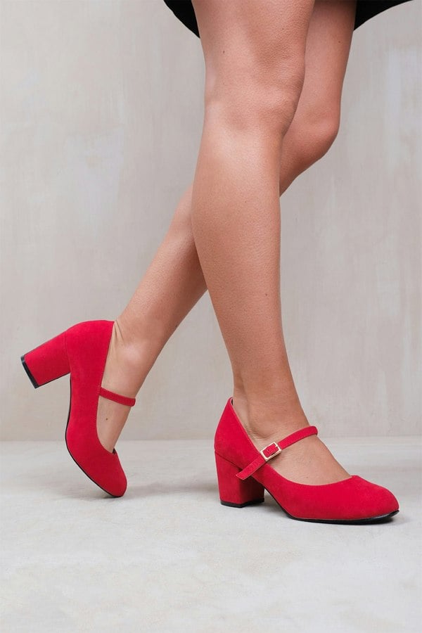 Where's That From Araceli Wide Fit Block Heel Mary Jane Pumps in Red Suede