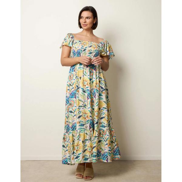 Blue Vanilla Frill Sleeveless Tropical Floral Print Dress