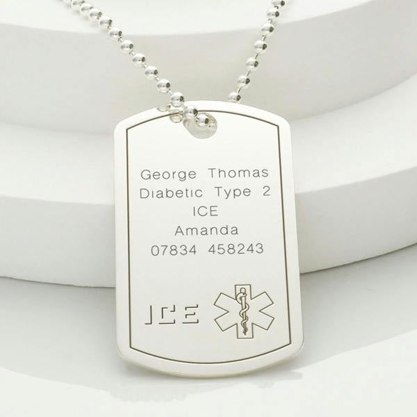 Christopher James of London Sterling Silver ICE Medical Alert Cross Large Dog Tag Pendant