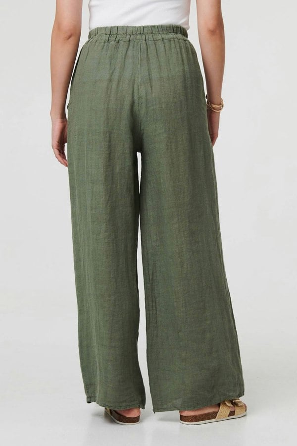 Khaki | Button Detail Wide High Waist Trousers
