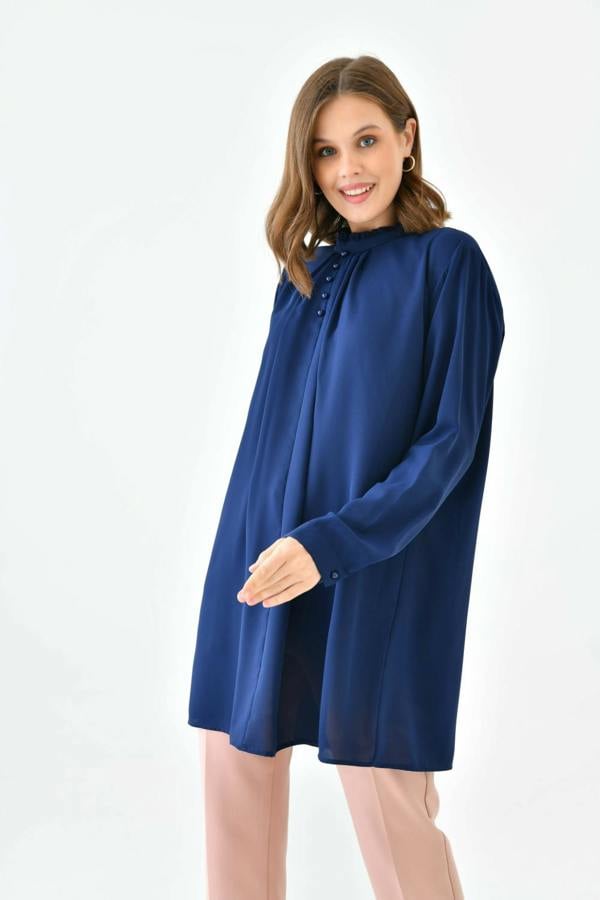 Hoxton Gal Oversized Long Sleeve Button Detailed Tunic Top in Navy