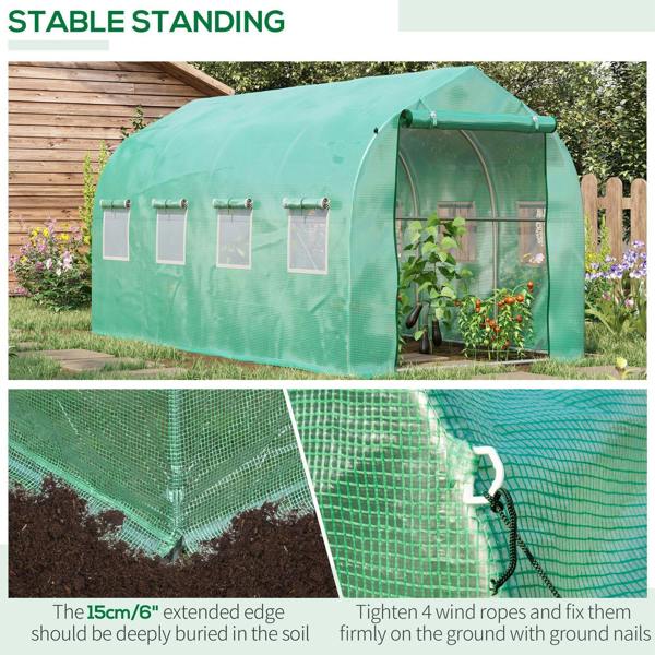 Green walk-in polytunnel greenhouse with mesh cover, zip door, and roll-up window sections
