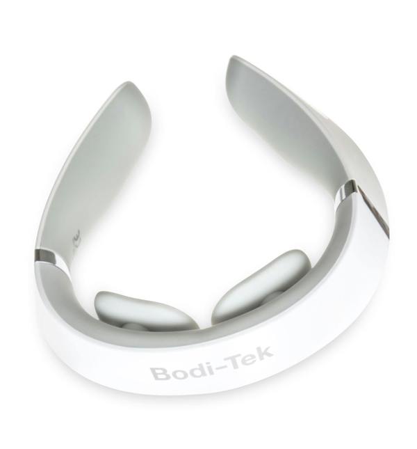 The Neck & Shoulder Massager, featuring a white design with gray inner pads and a contoured shape to fit around the neck, offers soothing heat and is shown against a plain white background.