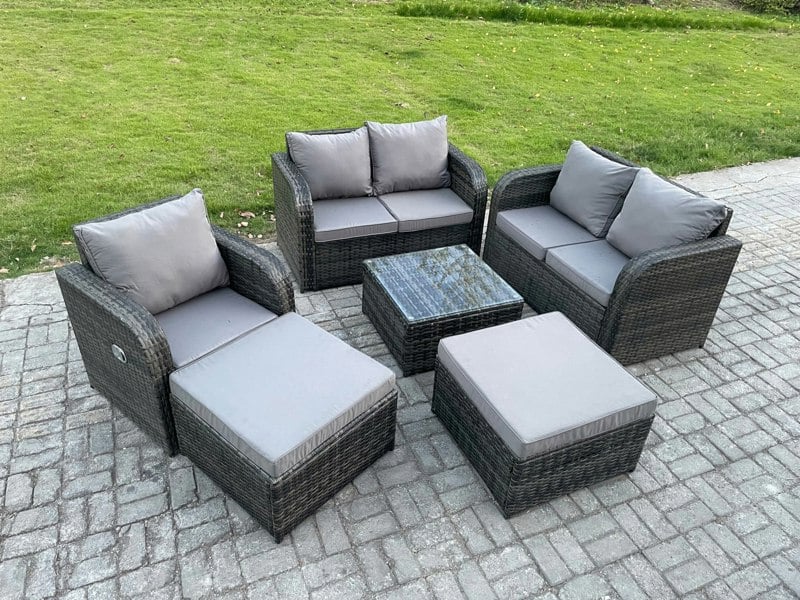 Fimous 7-Seater High Back Rattan Garden Furniture Set - Dark Grey Mixed Indoor/Outdoor Patio Lounge Sofa with Square Coffee Table & 2 Big Footstools