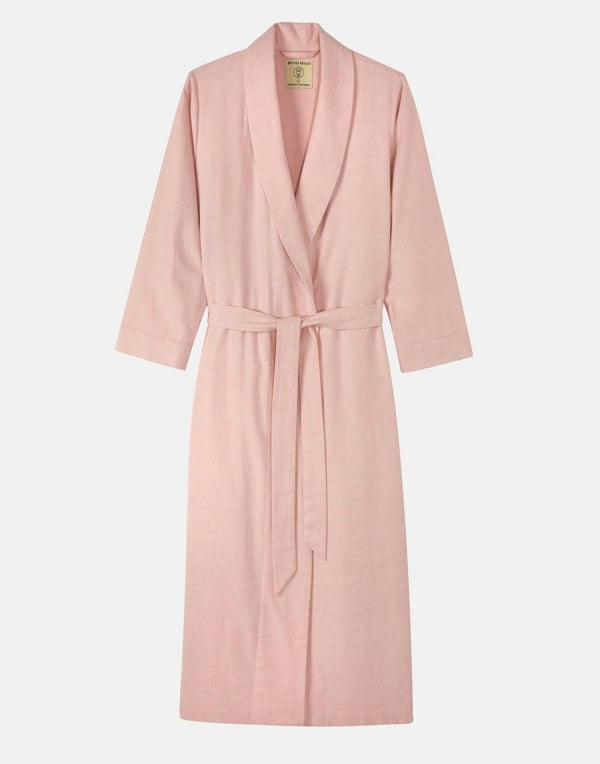 British Boxers Women's Brushed Cotton Dressing Gown – Powder Pink Herringbone