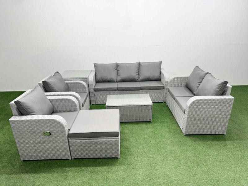 Fimous Light Grey PE Rattan Outdoor Lounge Set - Adjustable Chair, Double Loveseat, Oblong Coffee Table, Big Footstool & Side Table