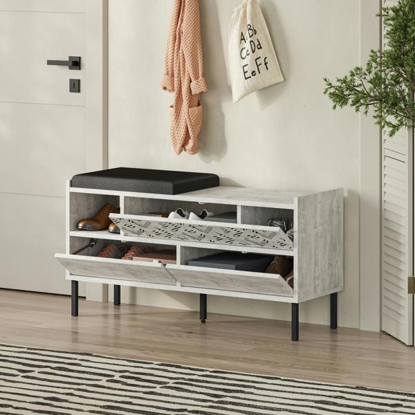 Decortie Heaton Shoe Bench w/ Fabric Cushion Seat 3-door Storage Cabinet 111(W)x37(D)x56.5(H)cm Metal Legs Hallway