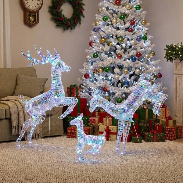 Bobobiy 3-Piece Lighted Reindeer Family Set, Iridescent Outdoor Christmas Decoration, Deer Family with 8 Modes, Daily Timer