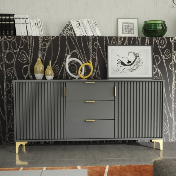 Mex Furniture Captivating Grey 140cm Sideboard with Ribbed Doors, 3 Drawers & Gold Accents