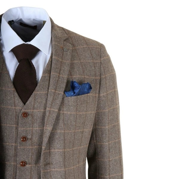 Paul Andrew Harris - Men's Brown 3 Piece Herringbone Check Tweed Suit