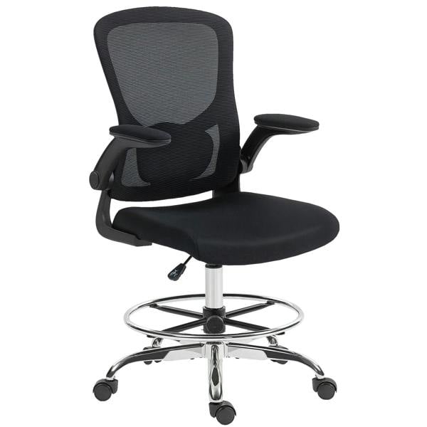 Black office draughtsman chair with adjustable lumbar, mesh back, padded seat, armrests.
