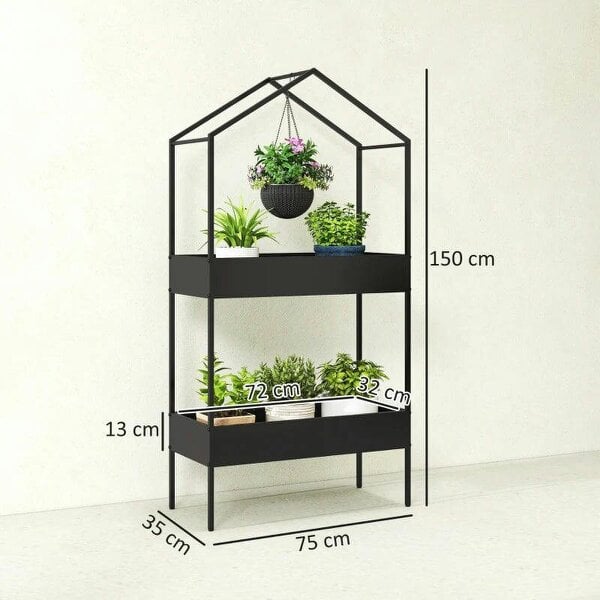 Bobobiy 2 Tier Plant Stand, Outdoor Indoor Metal Plant Stand with Hook, House-Shaped Pots Holder Display Rack, Black