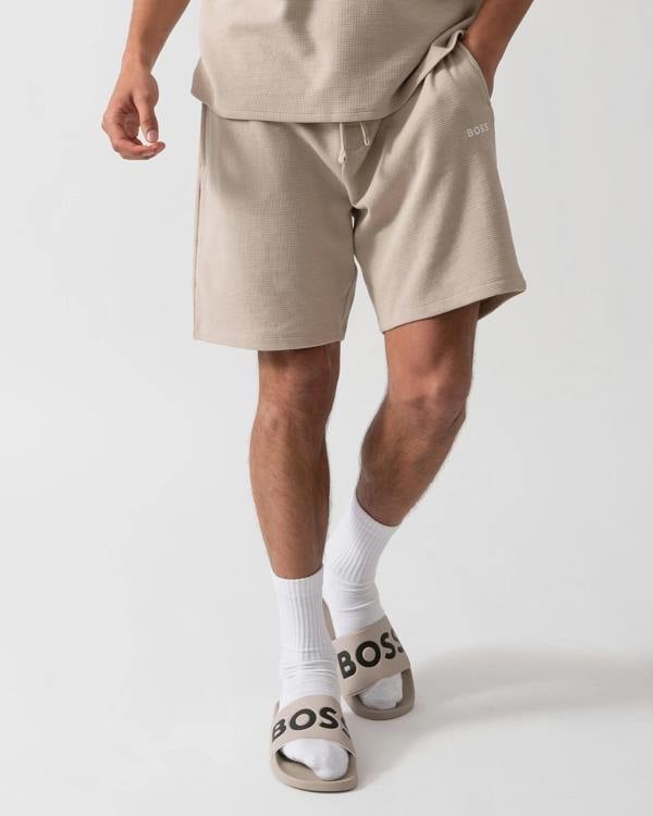 BOSS Orange Waffle Mens Cotton Blend Waffle Structure Pyjama Shorts with Embroidered Logo - Light Beige 275 - CHO - Designer Mens Pyjamas