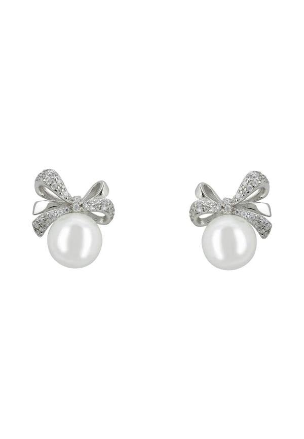 Pearl and silver bow stud earrings.