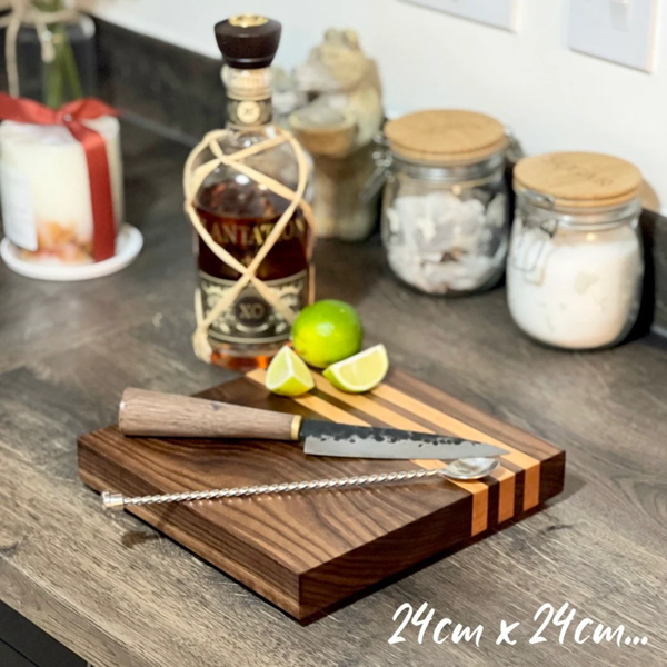 Giraffes & Craftz Black Walnut & Cherry Chopping Board - with American Cherry Inlays & Bevelled Base Wooden Cutting Board