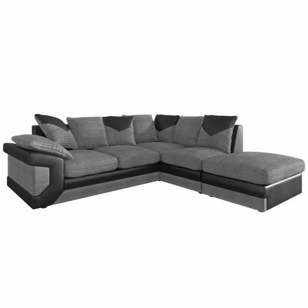 SQUAREBOXX Dino Jumbo Cord with Leather 4-5 Seater Fabric Corner Sofa in Grey with Black