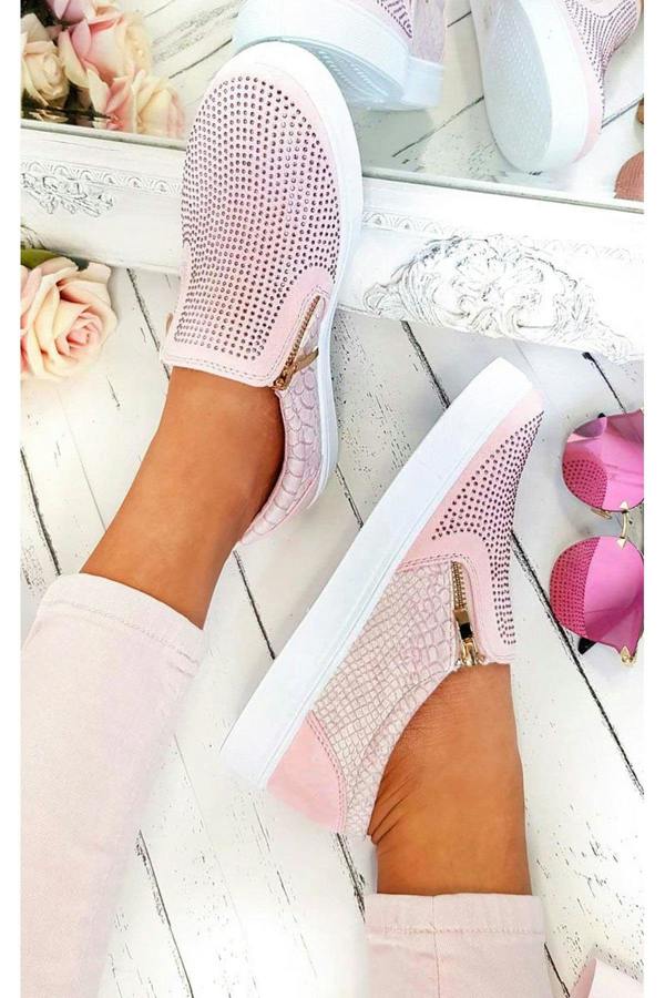 Leah Crystal Suede Zip Pumps Trainers - Pink
