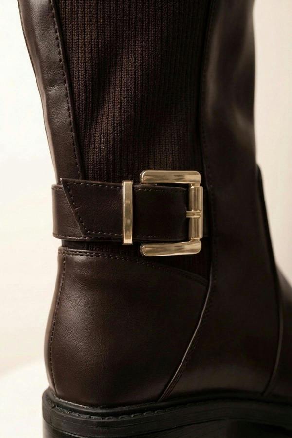 Cordelia Ribbed Panel Knee High Boots - Brown