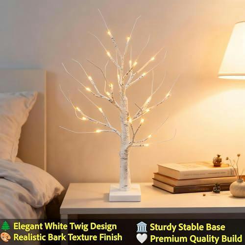 60cm White Twig Christmas Tree with Warm White LEDs, USB or Battery Powered Tabletop Decoration image 5