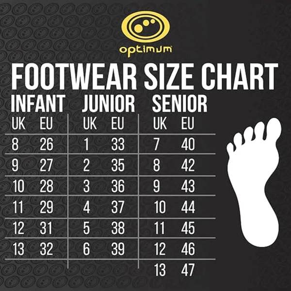 Optimum footwear size chart with infant, junior and senior UK and EU sizes and a footprint graphic on black - Optimum