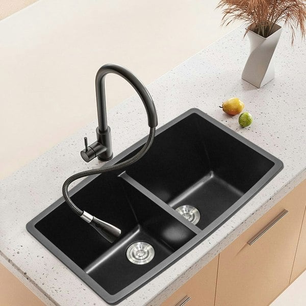Black High-quality Equal Double Bowl Undermount Kitchen Sink Kitchen Sinks Living and Home