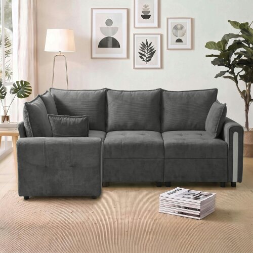 HOMCOM 228cm L Shaped Sofa 3-Seater Sectional Sofa with Storage, Dark Grey