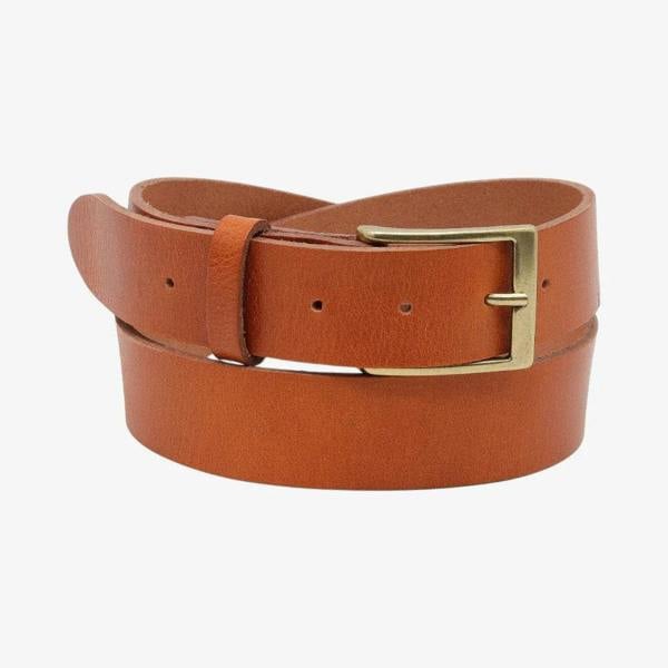 Brandy leather belt with a gold buckle on a white background