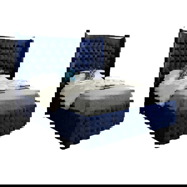 Casa Magna Florence Wide Winged Upholstered Soft Velvet Bed Frame - Blue