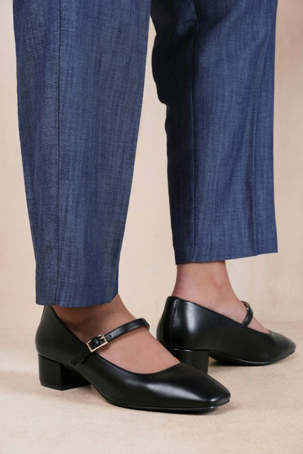 Where's That From Oslo Low Block Heel With Strap and Square Toe in Black Faux Leather